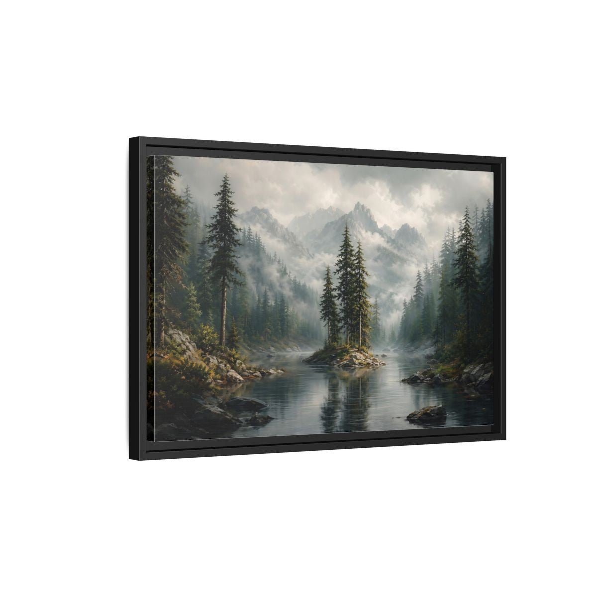 Side Mockup 3. Nature Mountain Lake Misty Green Landscape shown as stretched canvas wall art