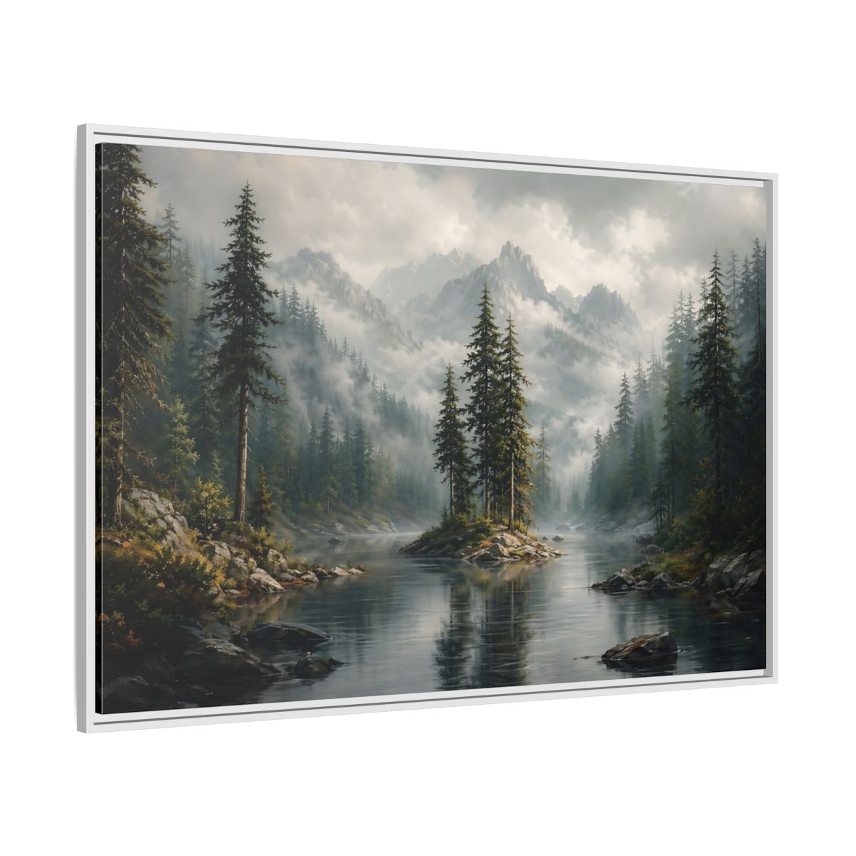 Side Mockup 7. Nature Mountain Lake Misty Green Landscape shown as stretched canvas wall art