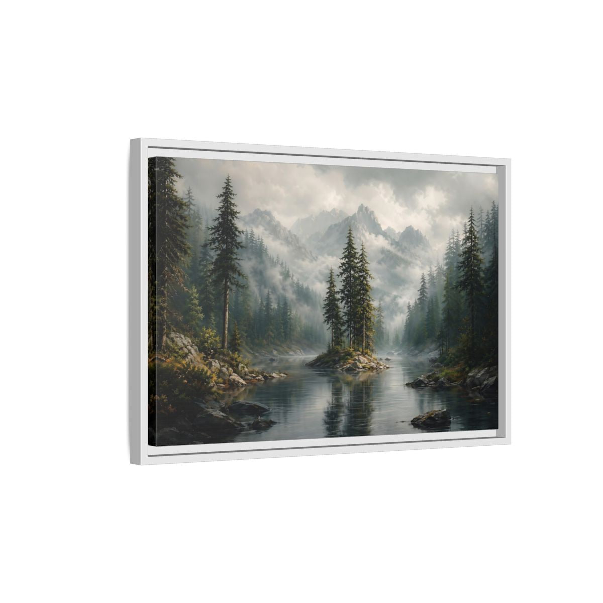 Side Mockup 1. Nature Mountain Lake Misty Green Landscape shown as stretched canvas wall art