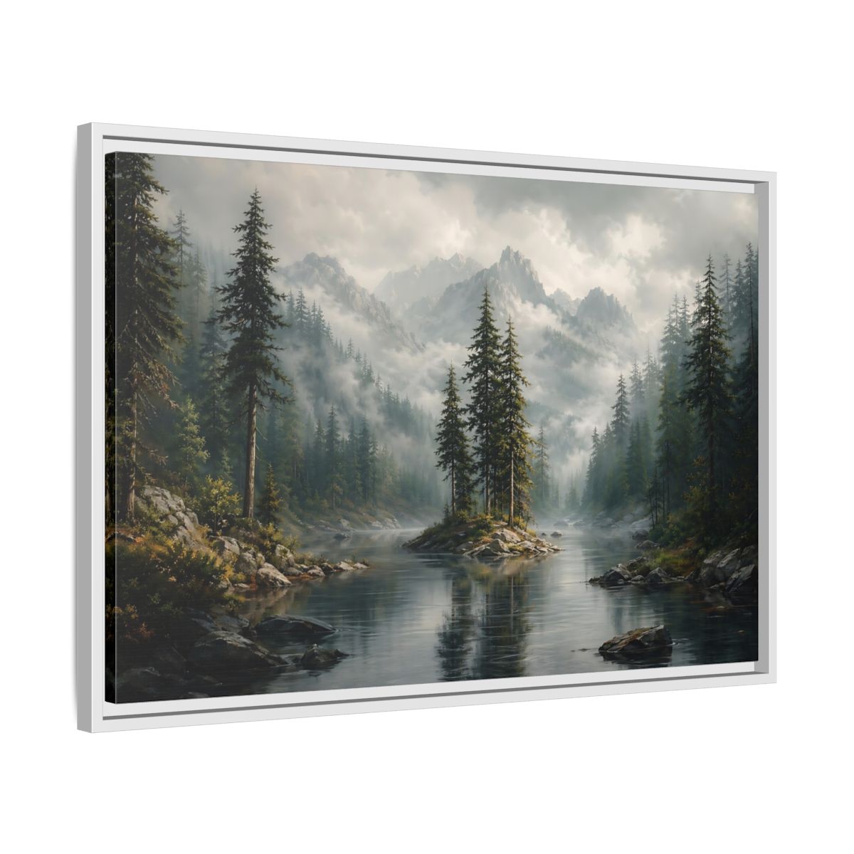 Side Mockup 10. Nature Mountain Lake Misty Green Landscape shown as stretched canvas wall art