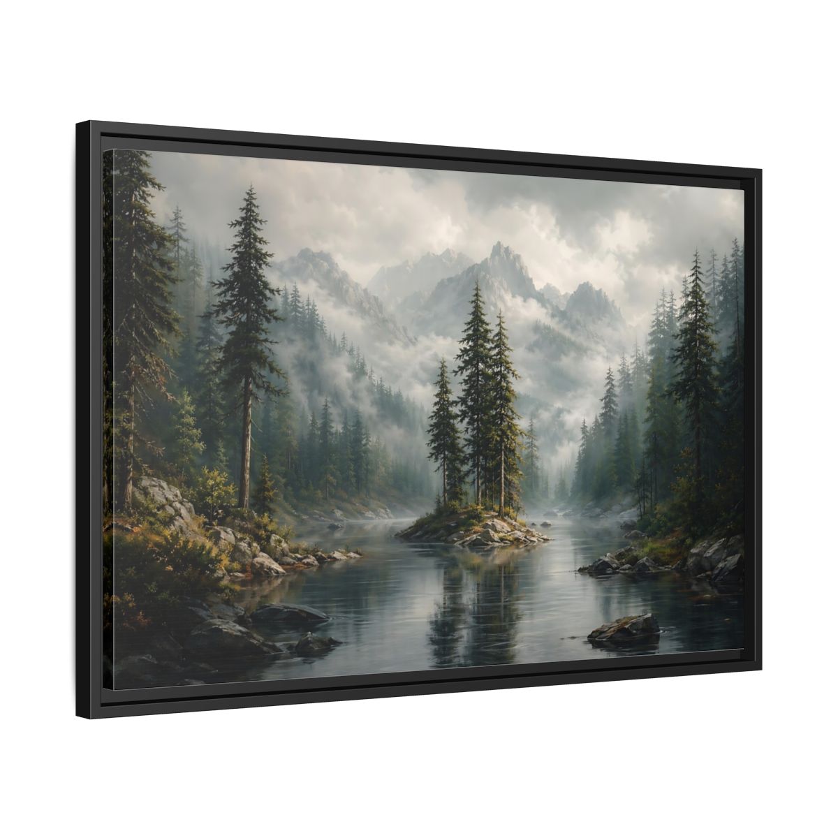 Side Mockup 14. Nature Mountain Lake Misty Green Landscape shown as stretched canvas wall art