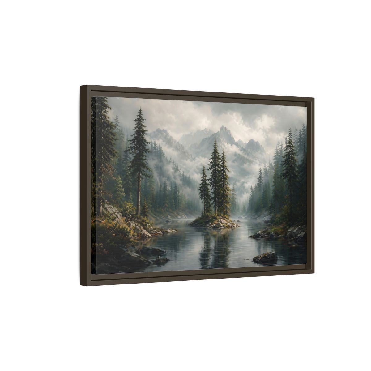 Side Mockup 2. Nature Mountain Lake Misty Green Landscape shown as stretched canvas wall art
