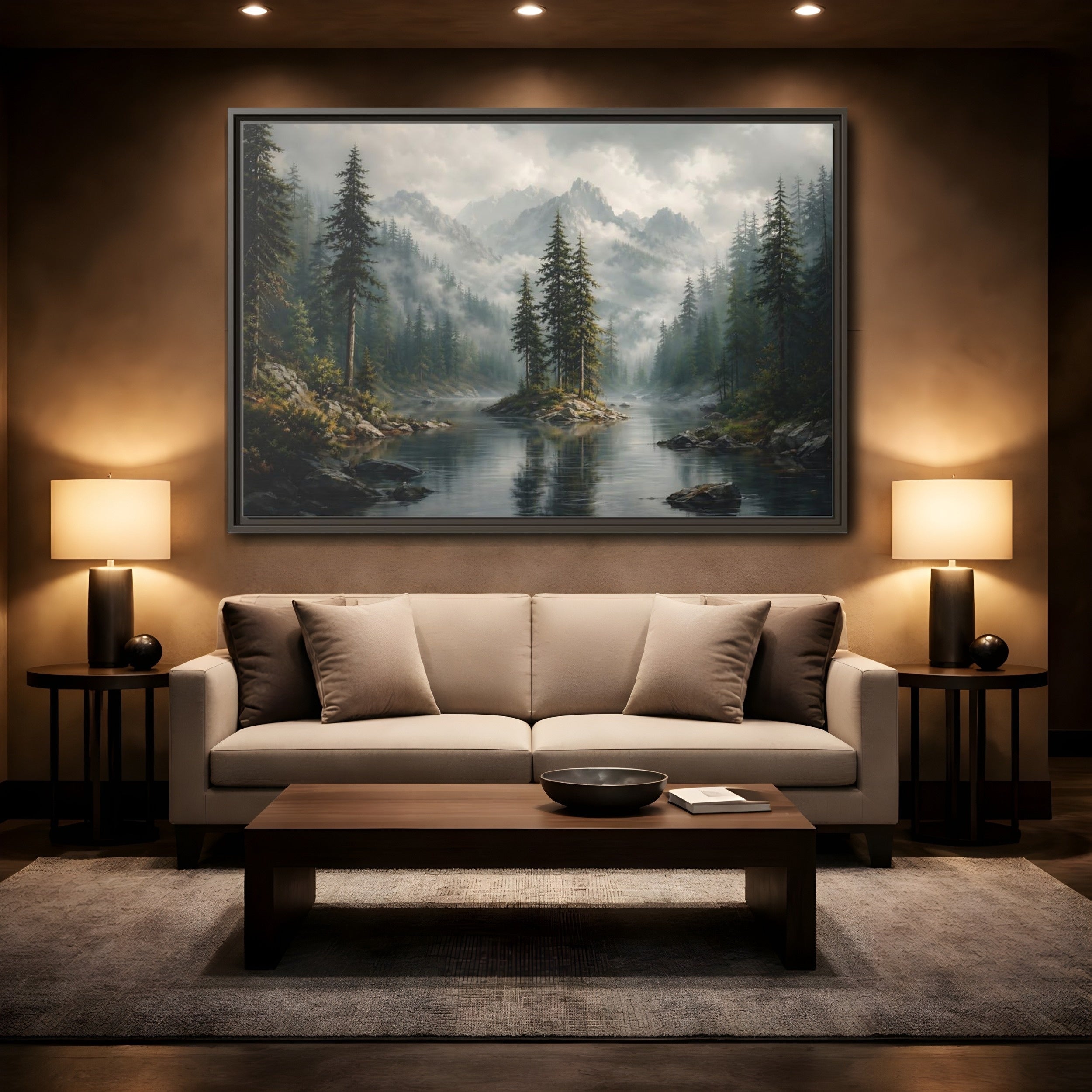 Mockup 2. Nature Mountain Lake Misty Green Landscape shown as stretched canvas wall art