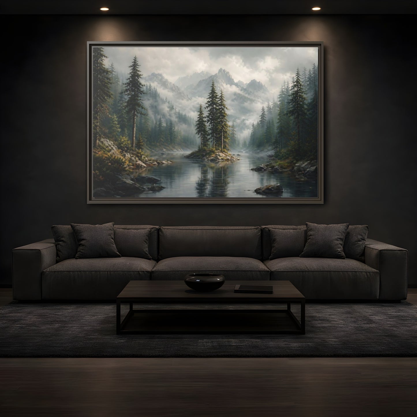 Mockup 3. Nature Mountain Lake Misty Green Landscape shown as stretched canvas wall art
