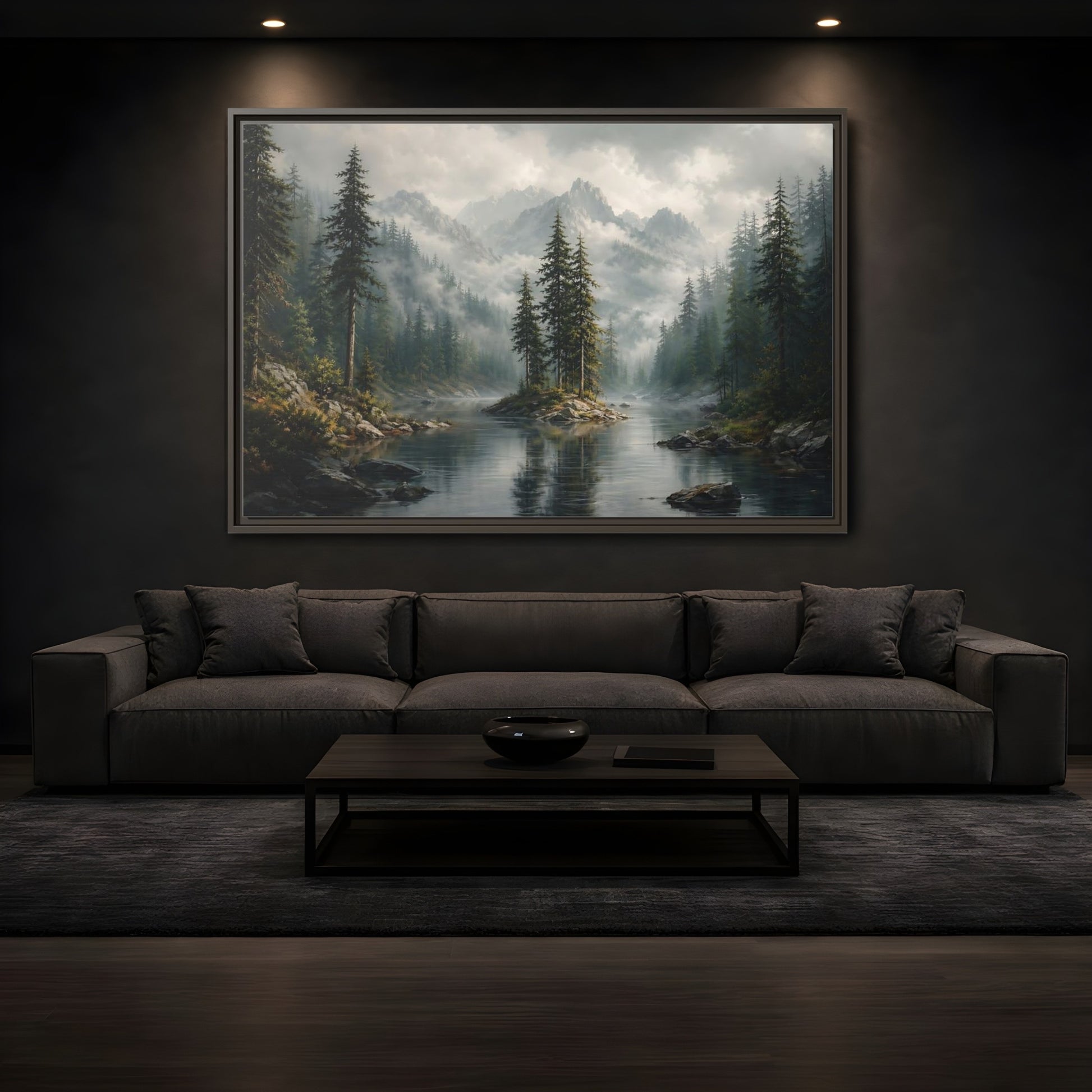 Mockup 3. Nature Mountain Lake Misty Green Landscape shown as stretched canvas wall art