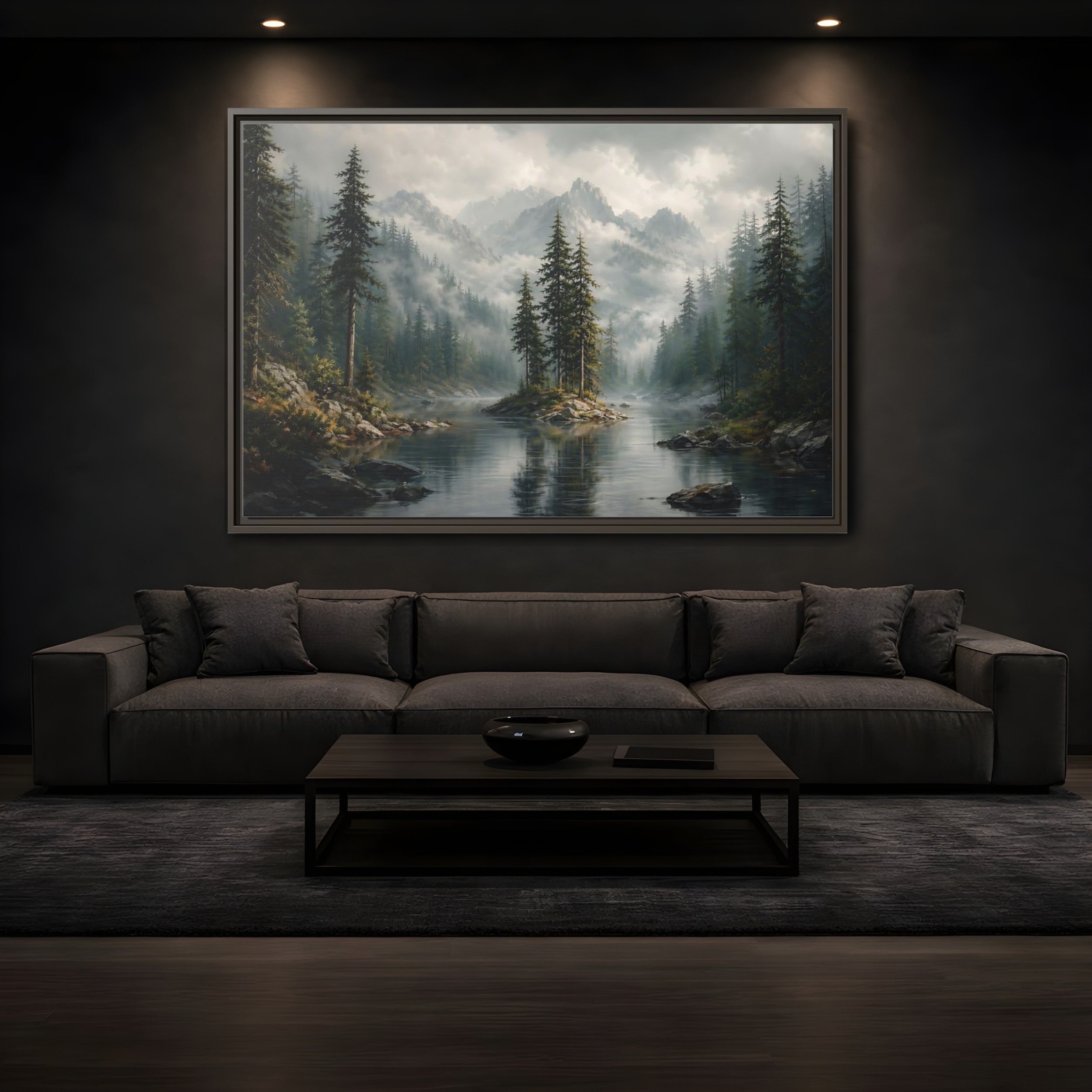 Mockup 3. Nature Mountain Lake Misty Green Landscape shown as stretched canvas wall art
