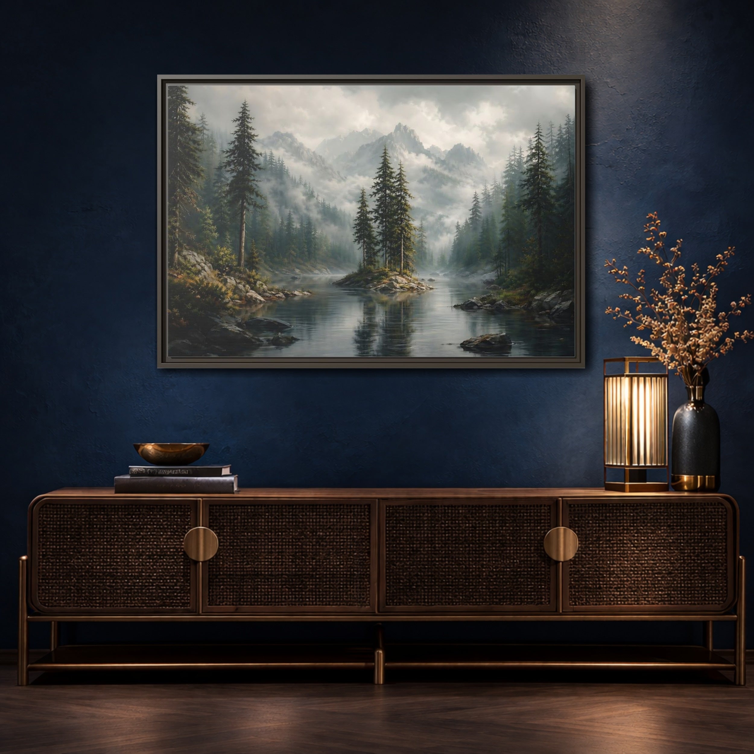 Mockup 4. Nature Mountain Lake Misty Green Landscape shown as stretched canvas wall art