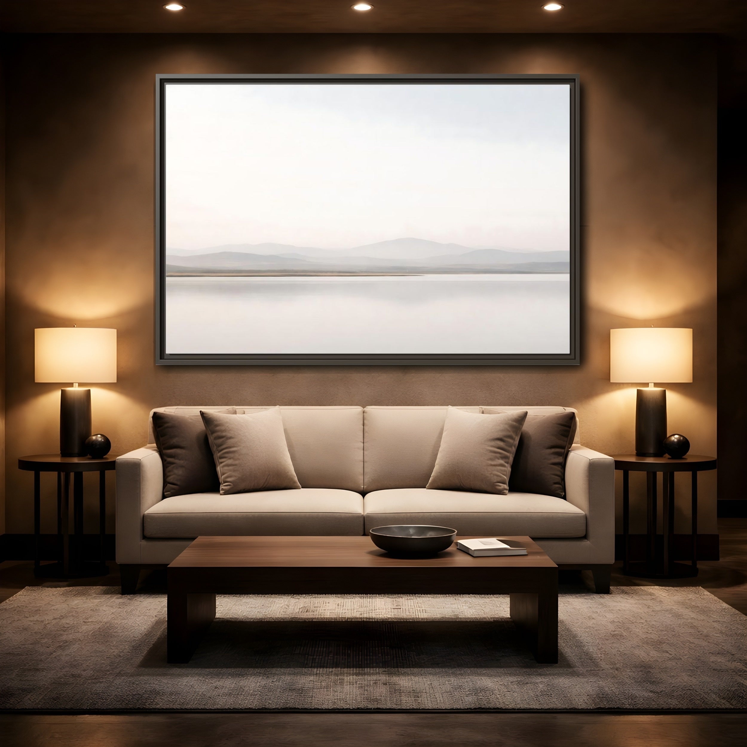 Mockup 2. Nature Mountain Lake Misty Landscape shown as stretched canvas wall art