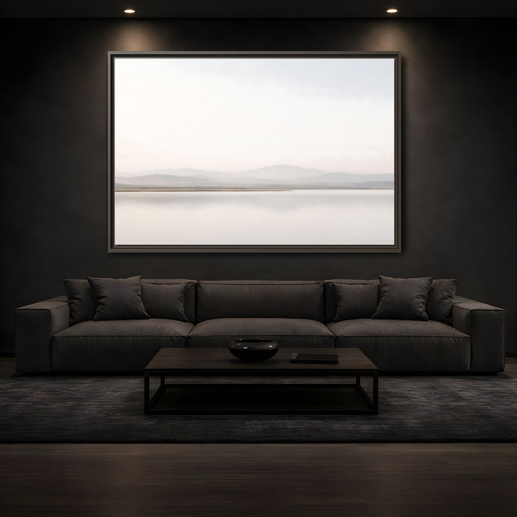 Mockup 3. Nature Mountain Lake Misty Landscape shown as stretched canvas wall art