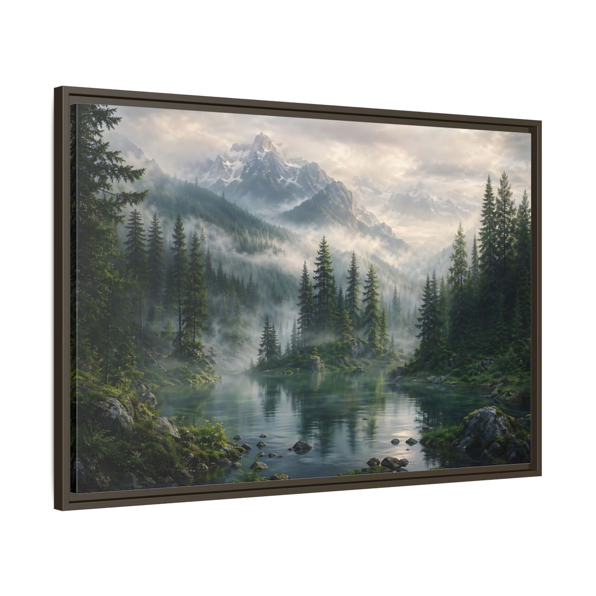 Main Mockup. Nature Mountain Lake Misty Mountain Forest shown as stretched canvas wall art