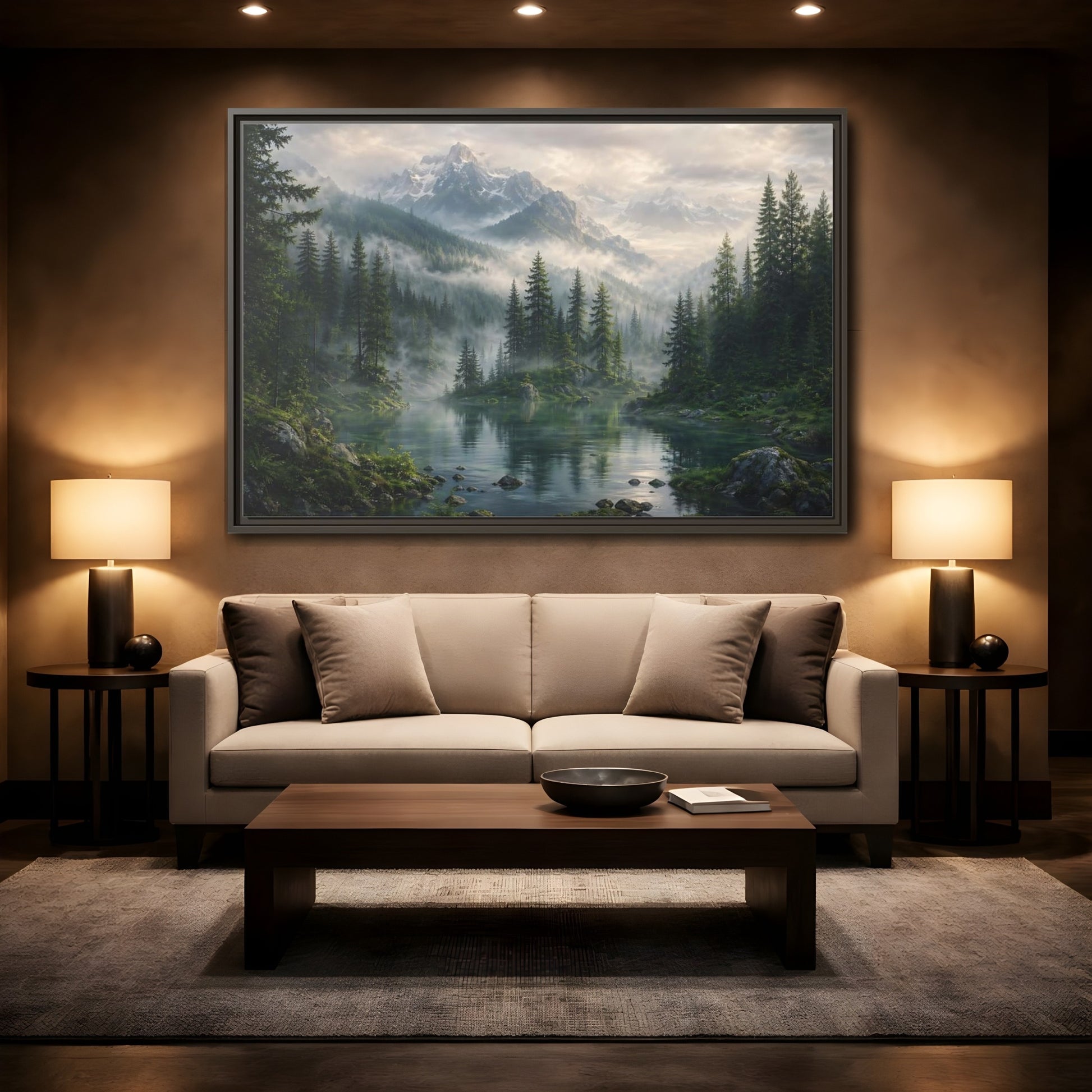 Mockup 2. Nature Mountain Lake Misty Mountain Forest shown as stretched canvas wall art