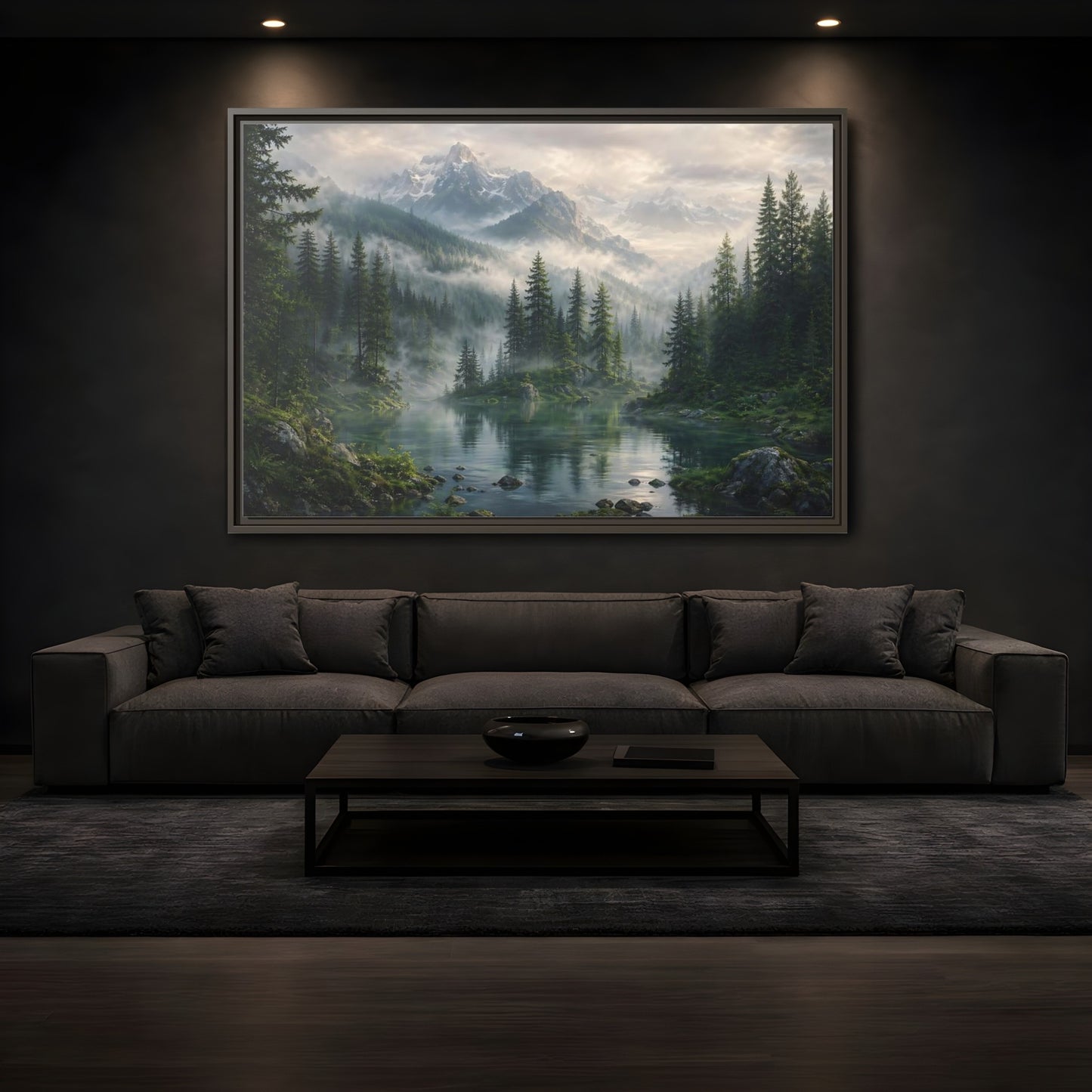 Mockup 3. Nature Mountain Lake Misty Mountain Forest shown as stretched canvas wall art