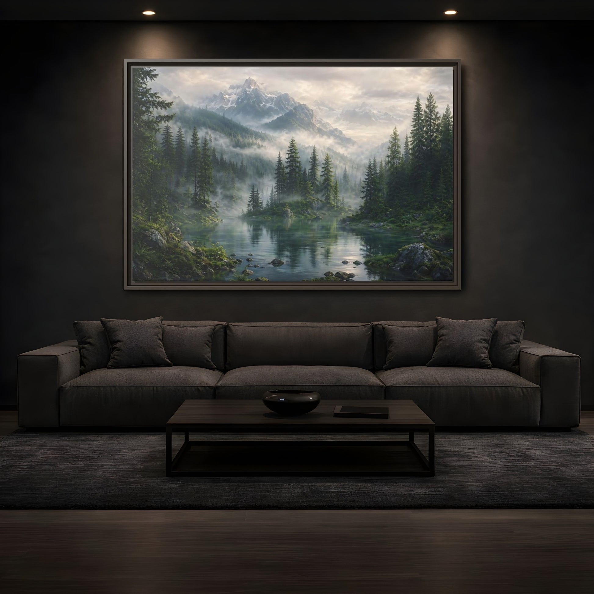 Mockup 3. Nature Mountain Lake Misty Mountain Forest shown as stretched canvas wall art