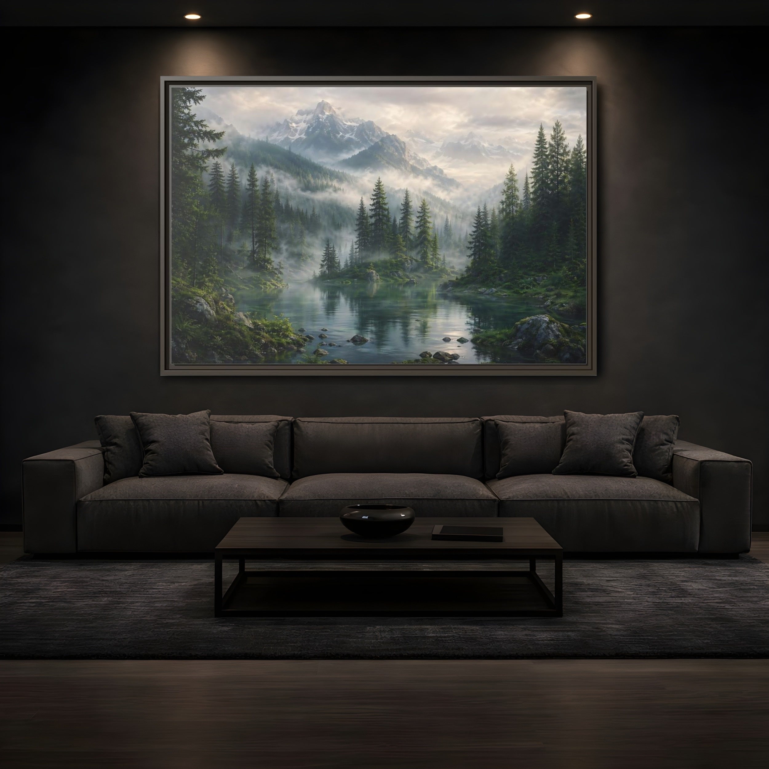Mockup 3. Nature Mountain Lake Misty Mountain Forest shown as stretched canvas wall art