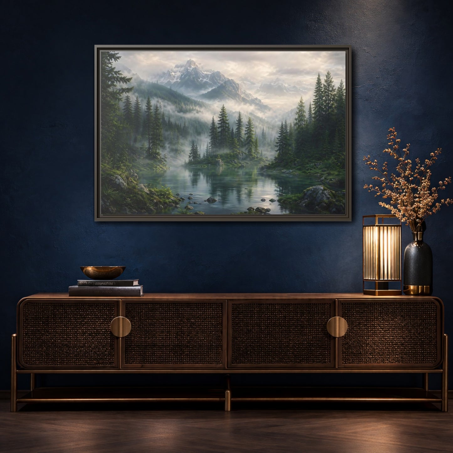 Mockup 4. Nature Mountain Lake Misty Mountain Forest shown as stretched canvas wall art