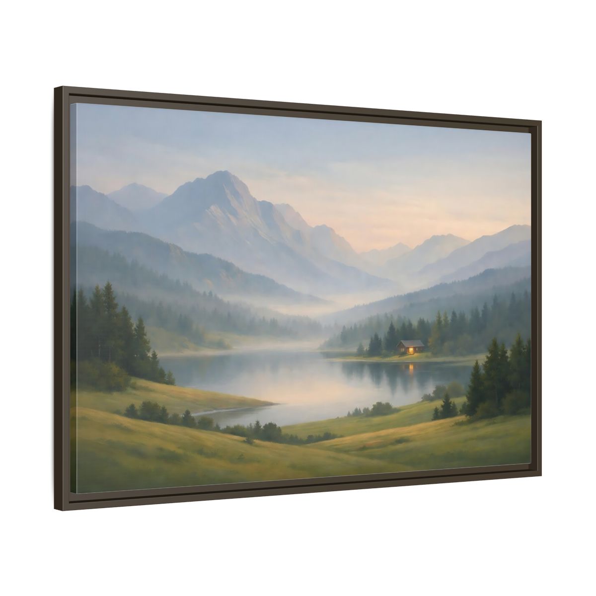 Main Mockup. Nature Mountain Lake Misty Mountain Lake shown as stretched canvas wall art