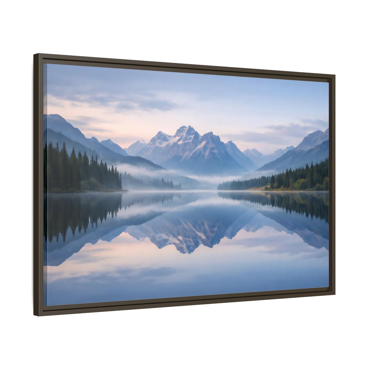 Main Mockup. Nature Mountain Lake Misty Mountain Lake shown as stretched canvas wall art
