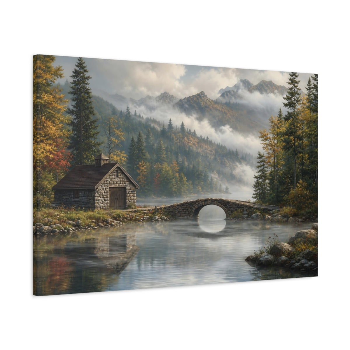 Main Mockup. Nature Mountain Lake Misty Mountain Lake shown as stretched canvas wall art