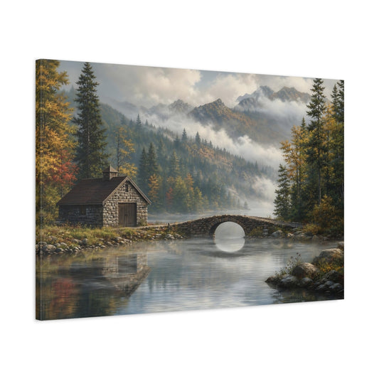 Main Mockup. Nature Mountain Lake Misty Mountain Lake shown as stretched canvas wall art