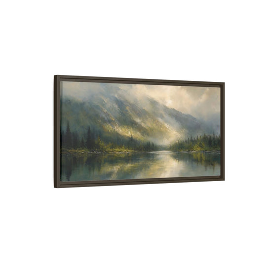 Main Mockup. Nature Mountain Lake Misty Mountain Lake shown as stretched canvas wall art