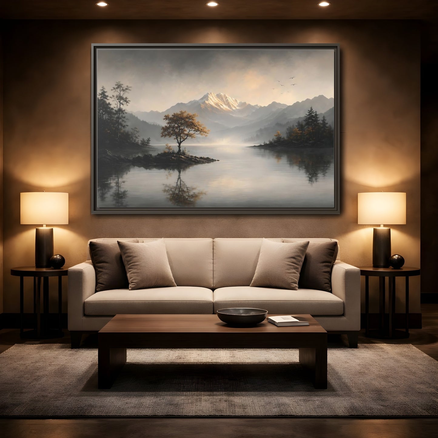 Mockup 2. Nature Mountain Lake Misty Mountain Lake shown as stretched canvas wall art