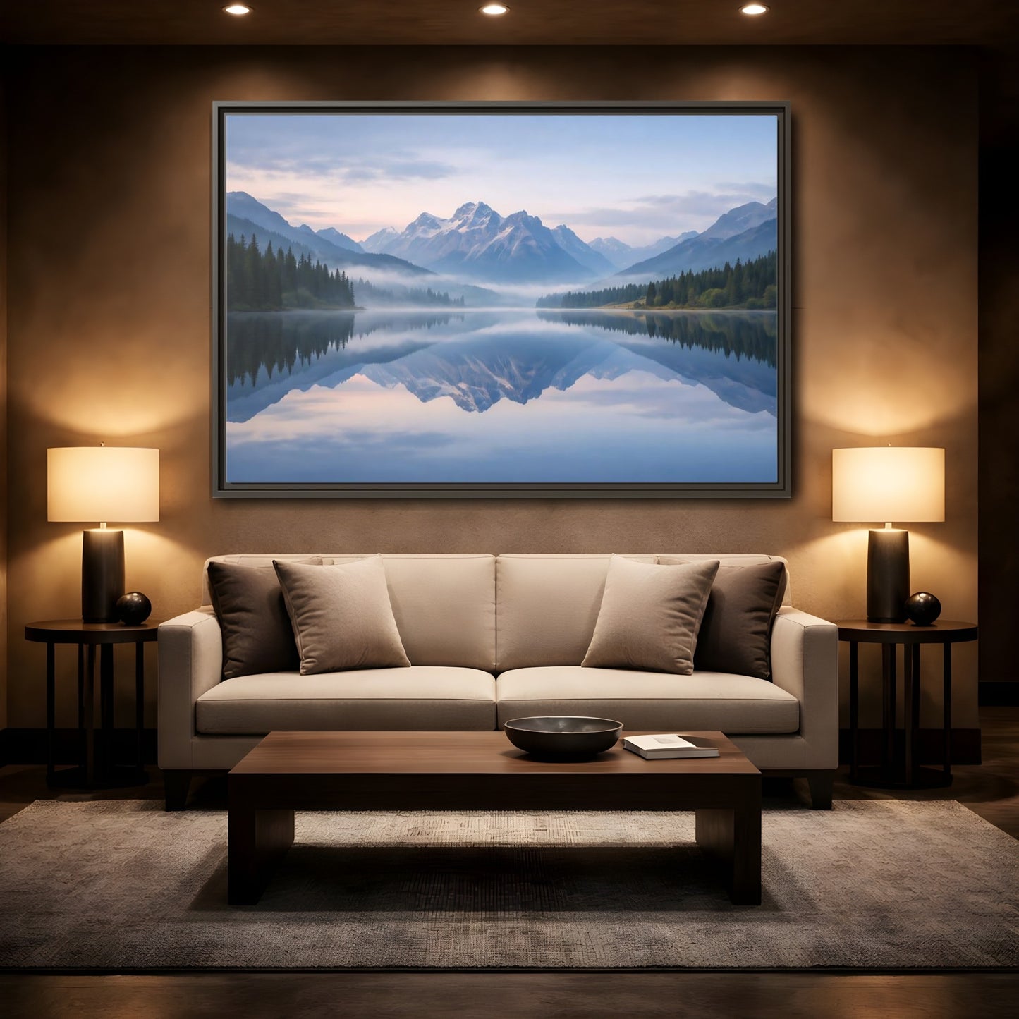 Mockup 2. Nature Mountain Lake Misty Mountain Lake shown as stretched canvas wall art