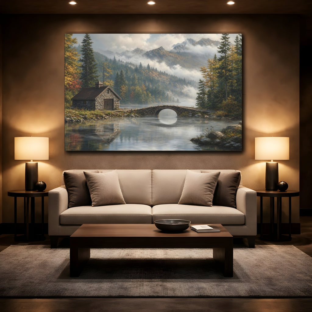 Mockup 2. Nature Mountain Lake Misty Mountain Lake shown as stretched canvas wall art