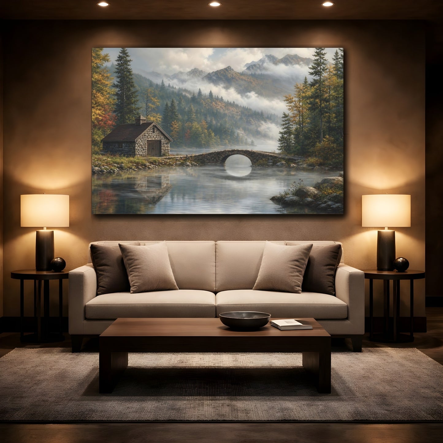 Mockup 2. Nature Mountain Lake Misty Mountain Lake shown as stretched canvas wall art