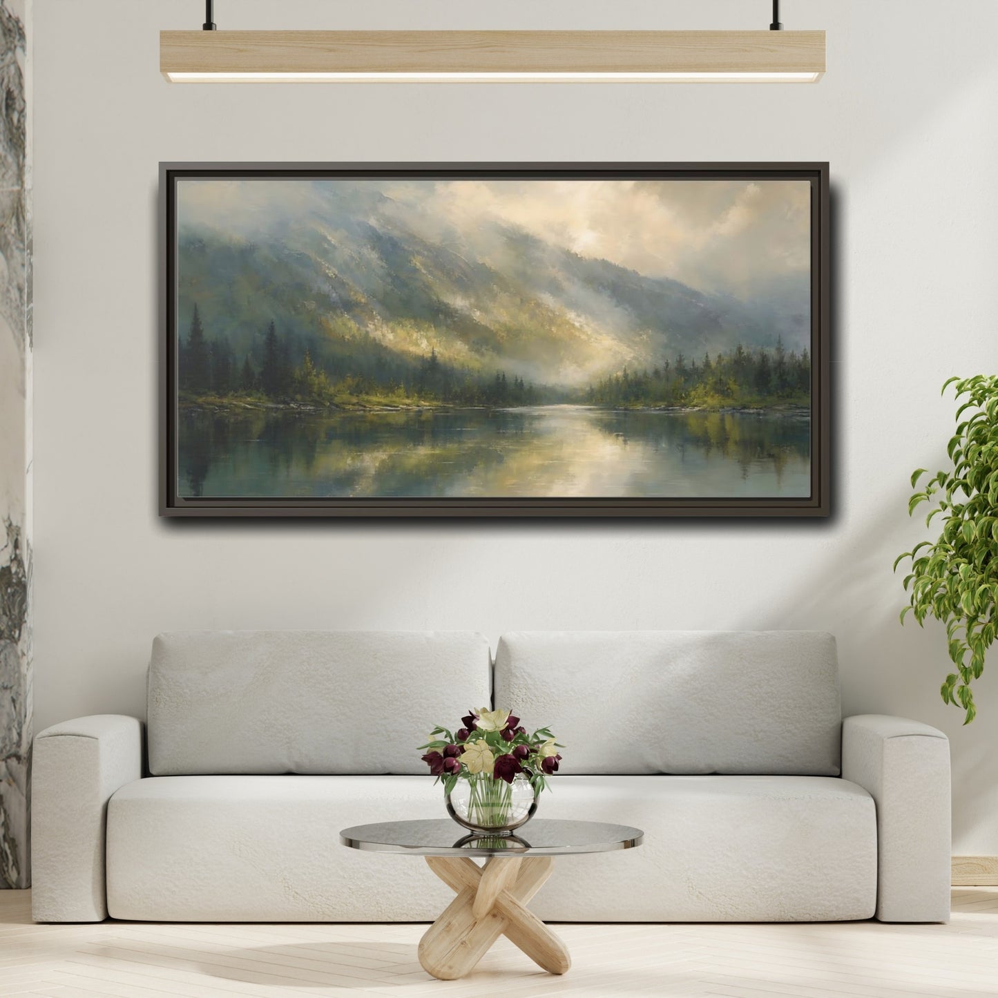 Mockup 2. Nature Mountain Lake Misty Mountain Lake shown as stretched canvas wall art