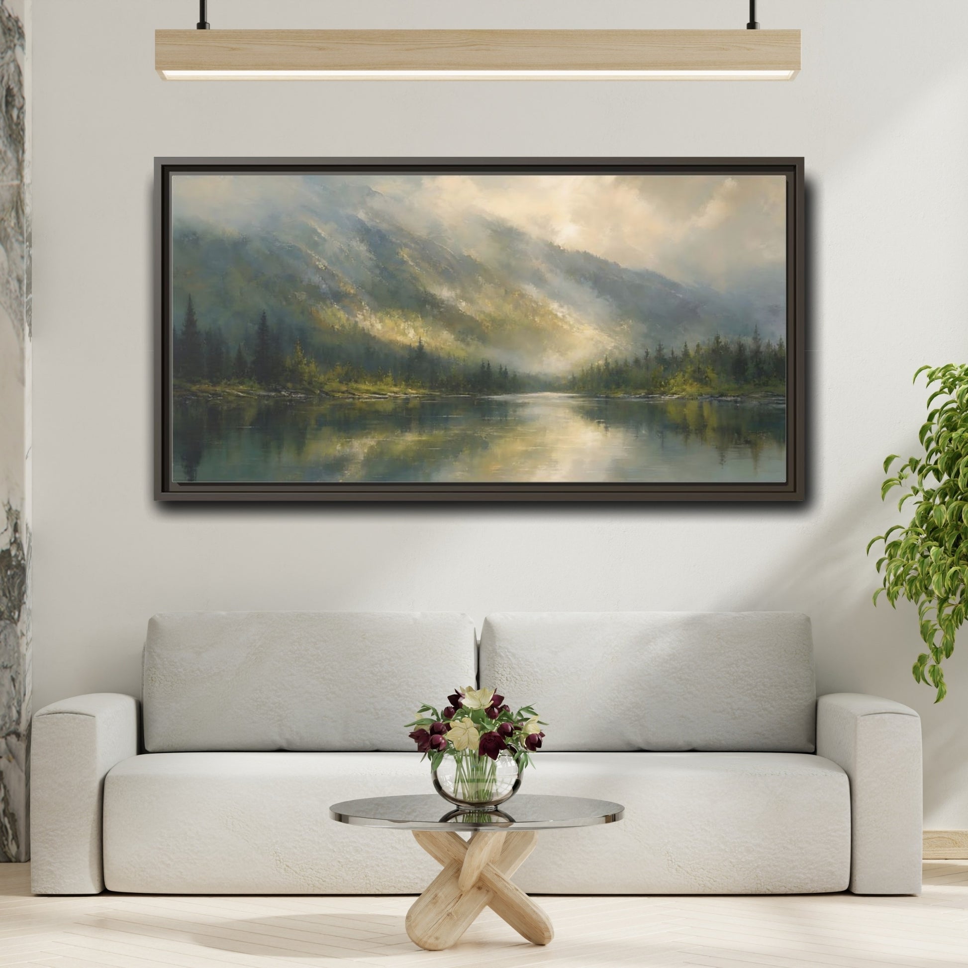 Mockup 2. Nature Mountain Lake Misty Mountain Lake shown as stretched canvas wall art