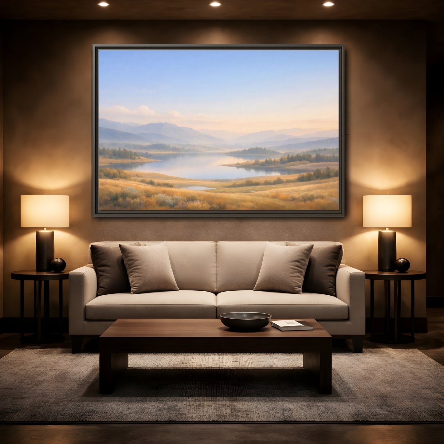 Mockup 2. Nature Mountain Lake Misty Mountain Lake shown as stretched canvas wall art