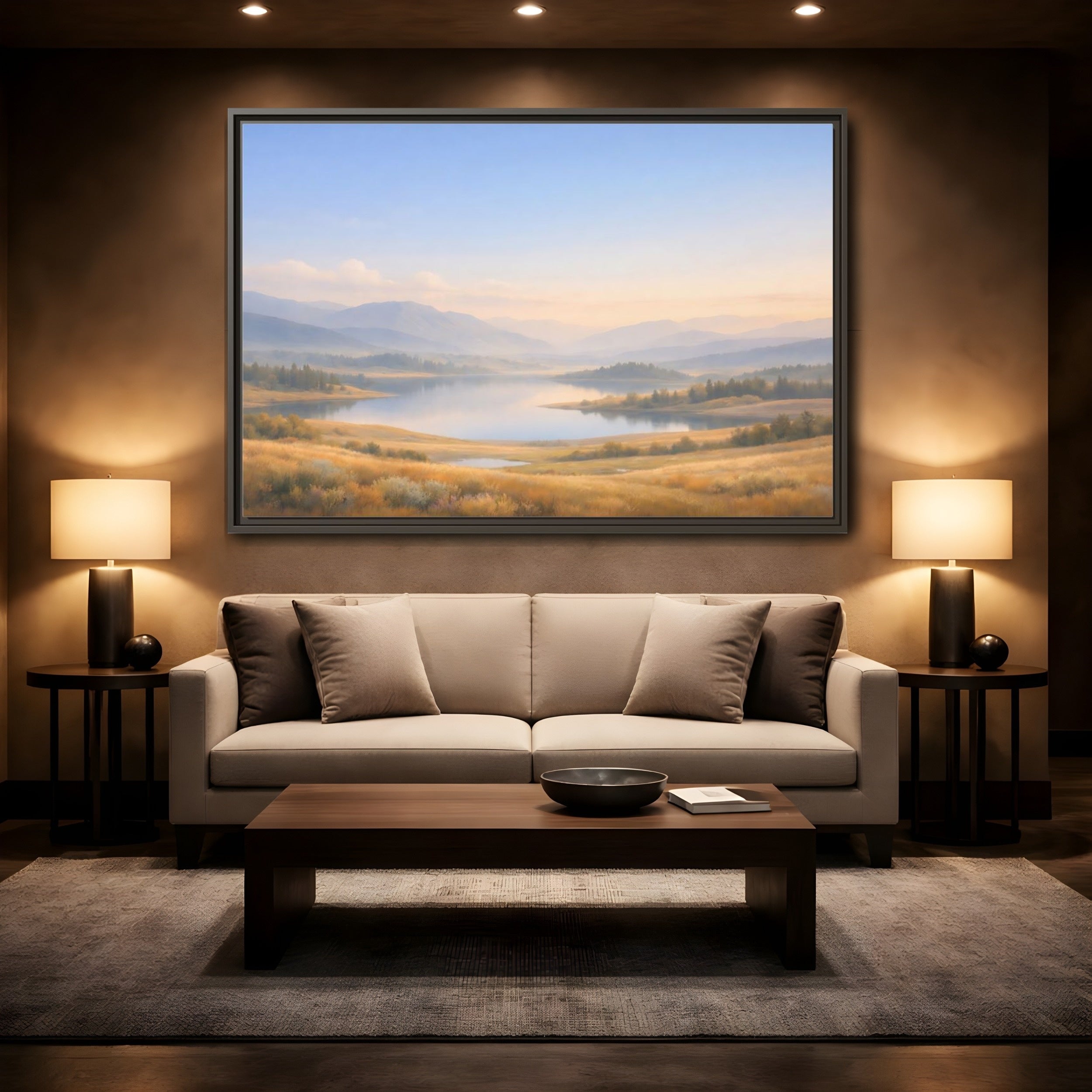 Mockup 2. Nature Mountain Lake Misty Mountain Lake shown as stretched canvas wall art