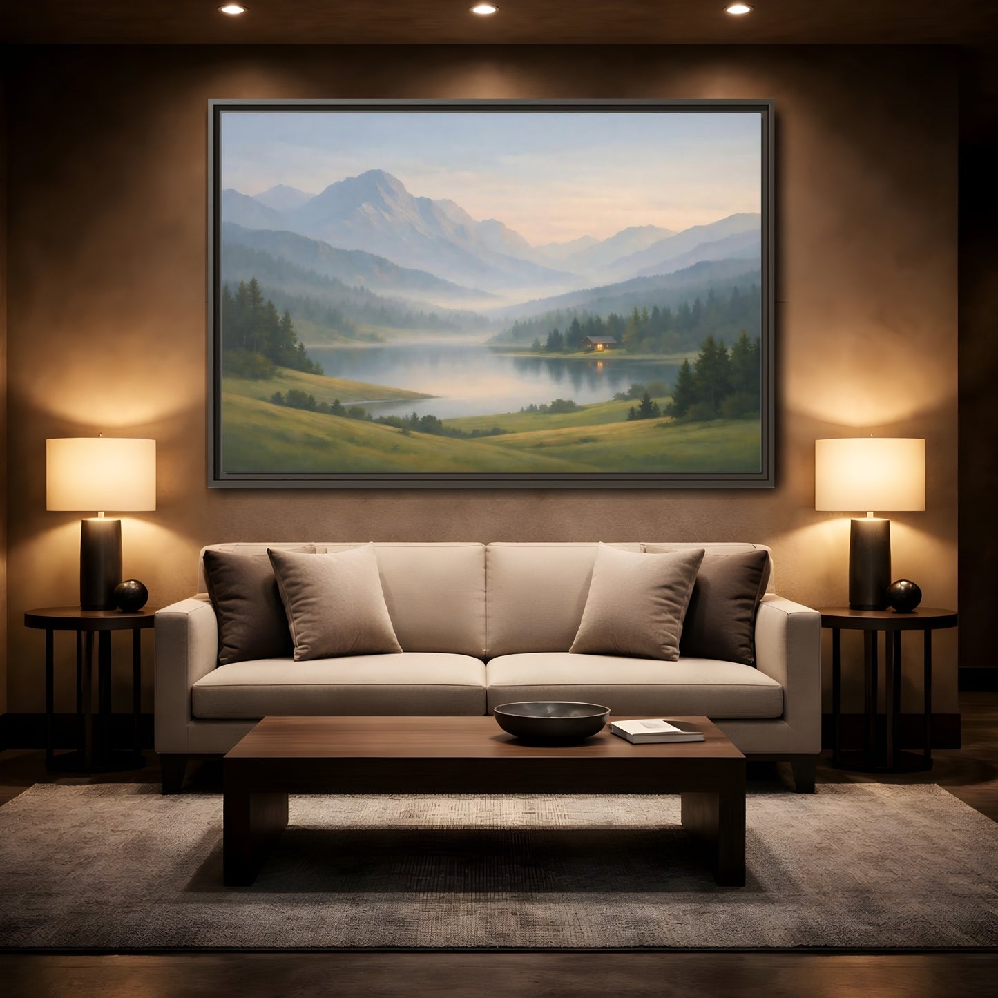 Mockup 2. Nature Mountain Lake Misty Mountain Lake shown as stretched canvas wall art