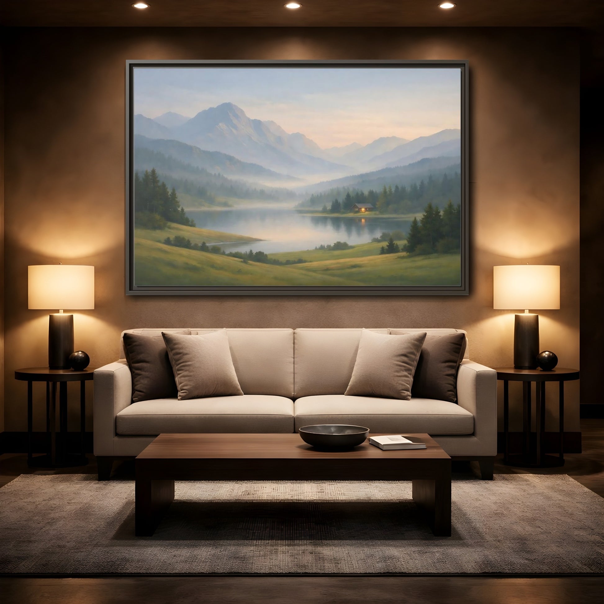 Mockup 2. Nature Mountain Lake Misty Mountain Lake shown as stretched canvas wall art