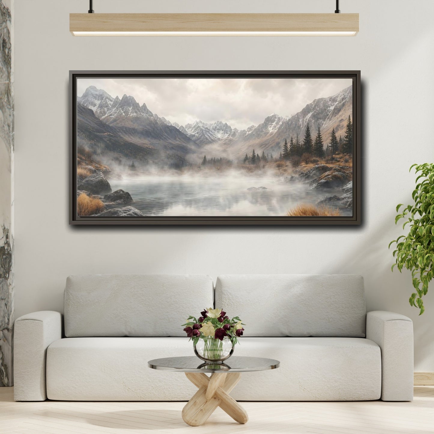 Mockup 2. Nature Mountain Lake Misty Mountain Lake shown as stretched canvas wall art
