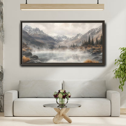 Mockup 2. Nature Mountain Lake Misty Mountain Lake shown as stretched canvas wall art