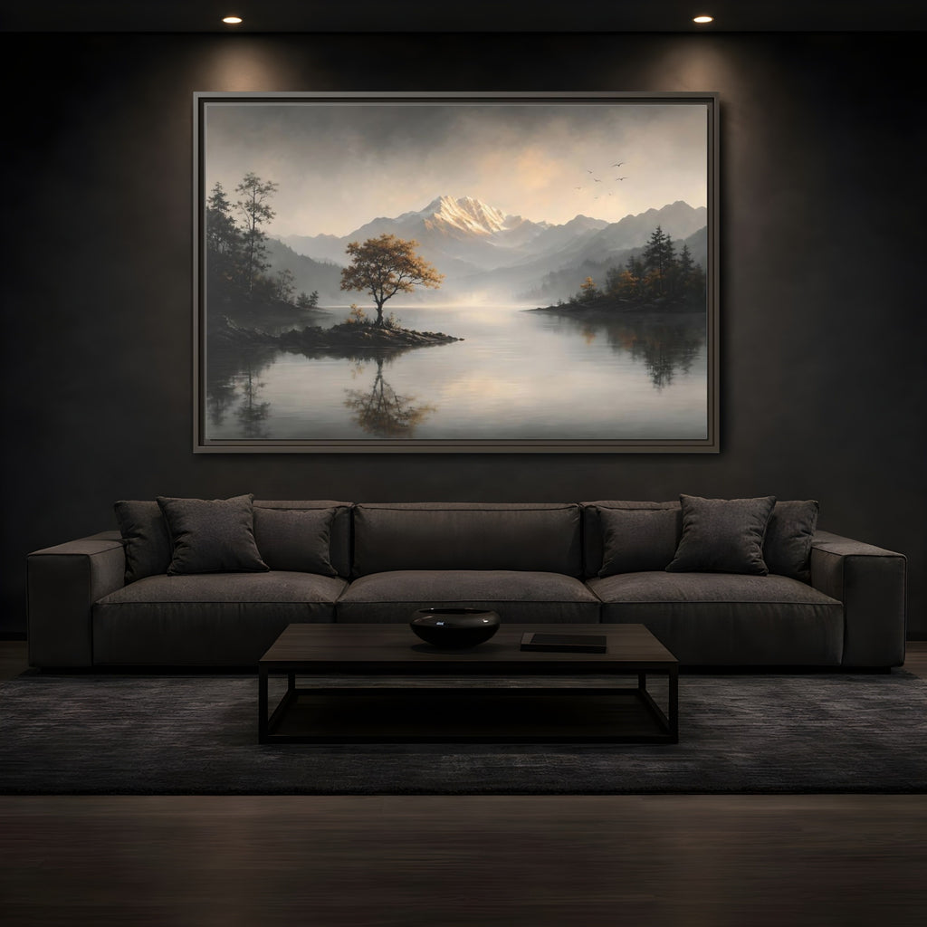 Mockup 3. Nature Mountain Lake Misty Mountain Lake shown as stretched canvas wall art