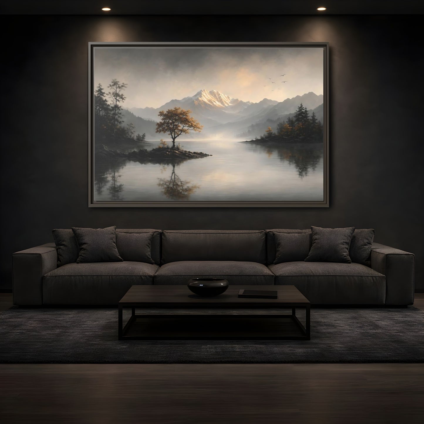 Mockup 3. Nature Mountain Lake Misty Mountain Lake shown as stretched canvas wall art