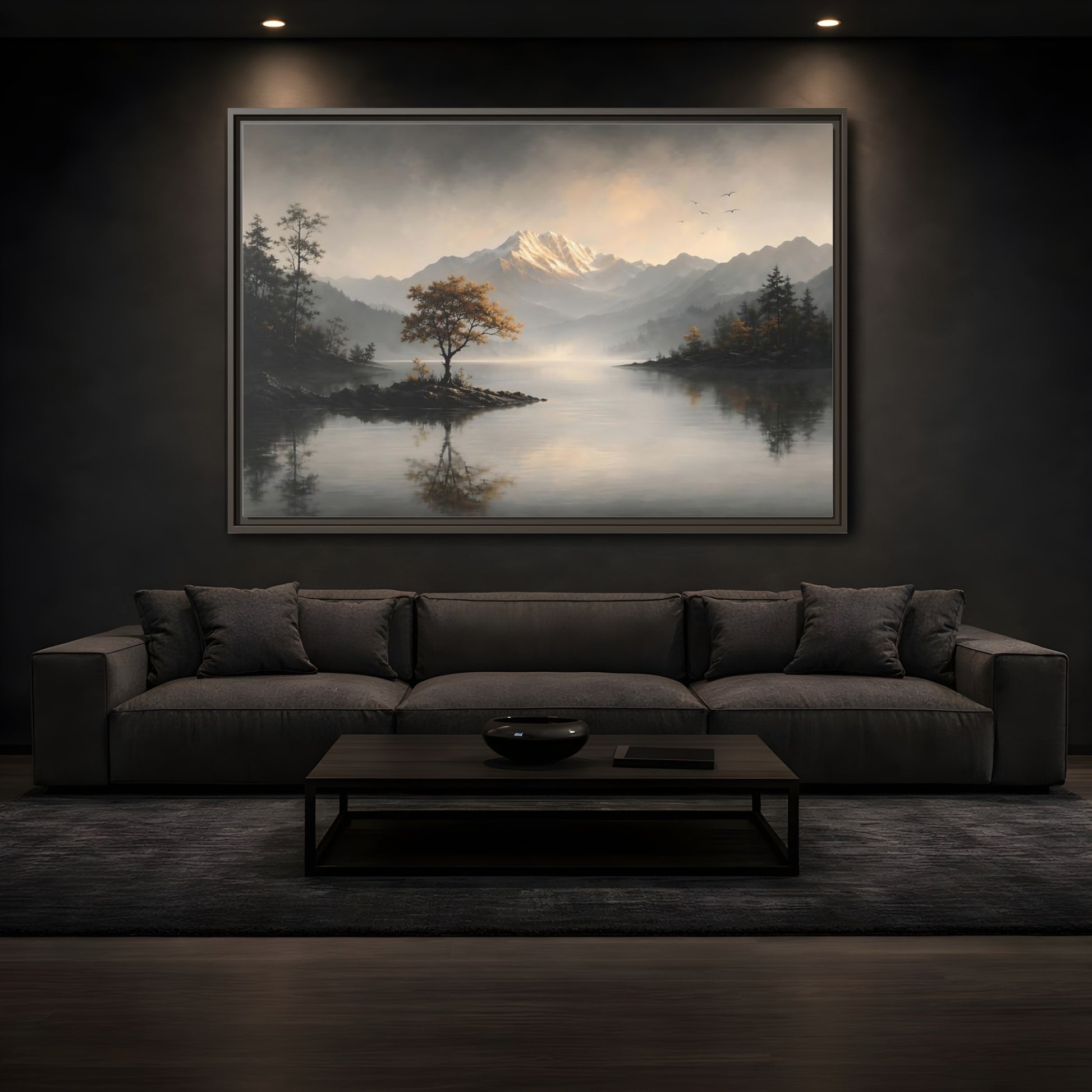 Mockup 3. Nature Mountain Lake Misty Mountain Lake shown as stretched canvas wall art