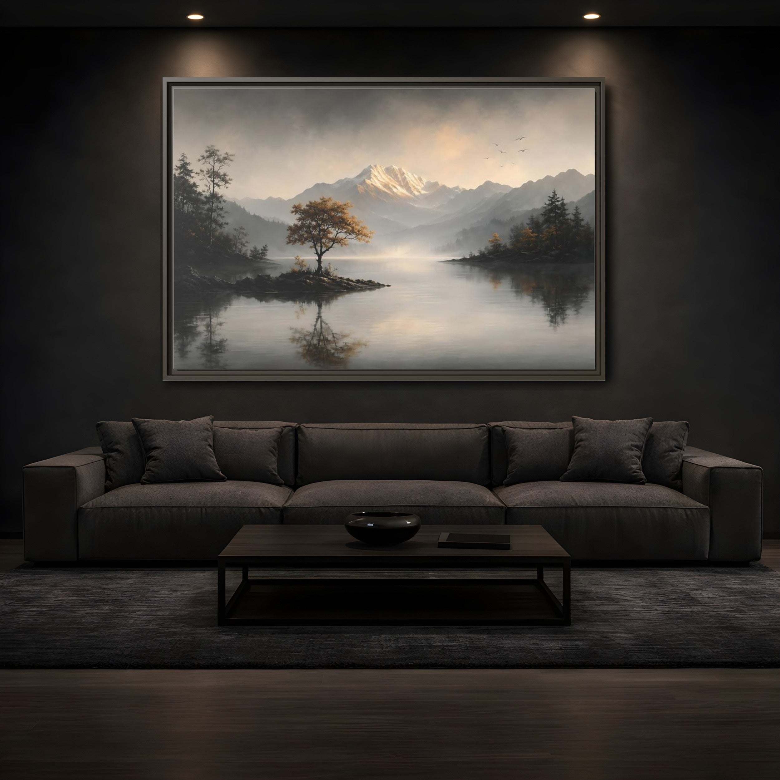 Mockup 3. Nature Mountain Lake Misty Mountain Lake shown as stretched canvas wall art