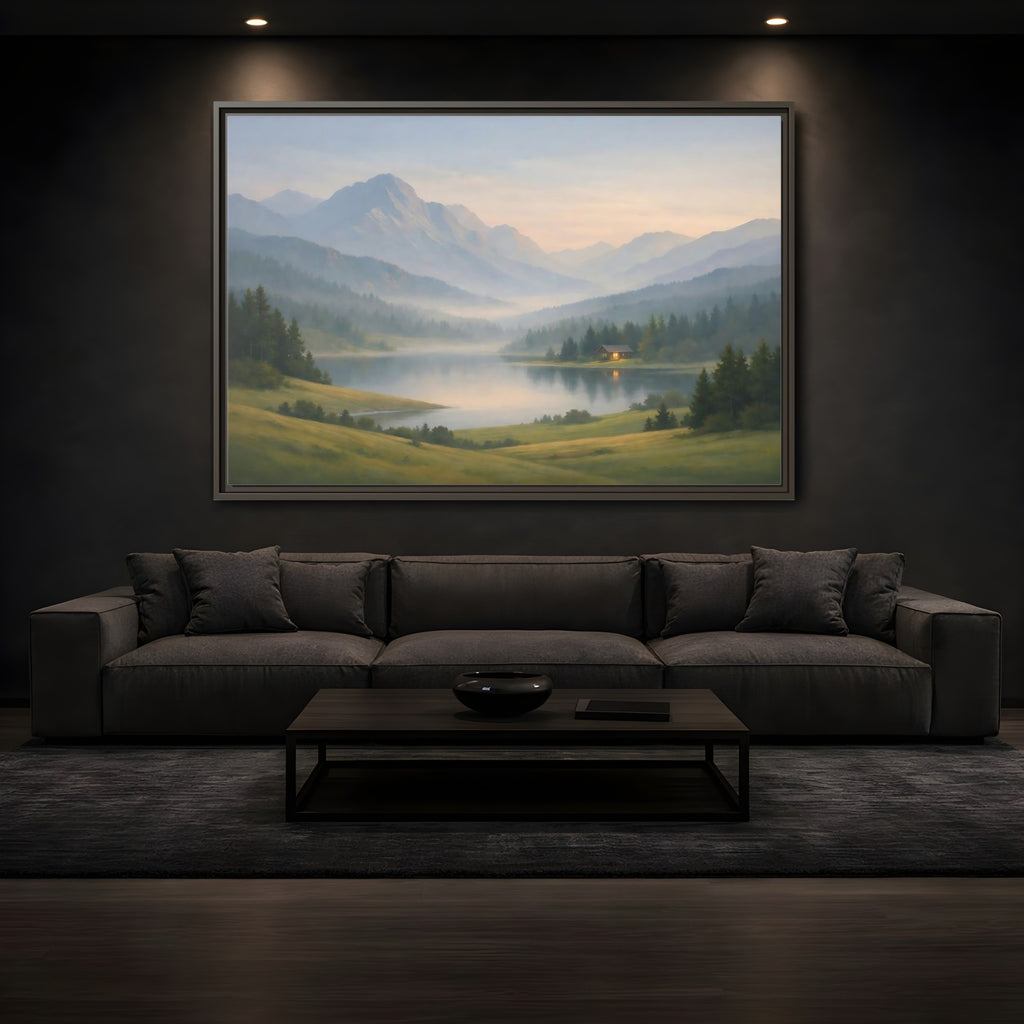 Mockup 3. Nature Mountain Lake Misty Mountain Lake shown as stretched canvas wall art