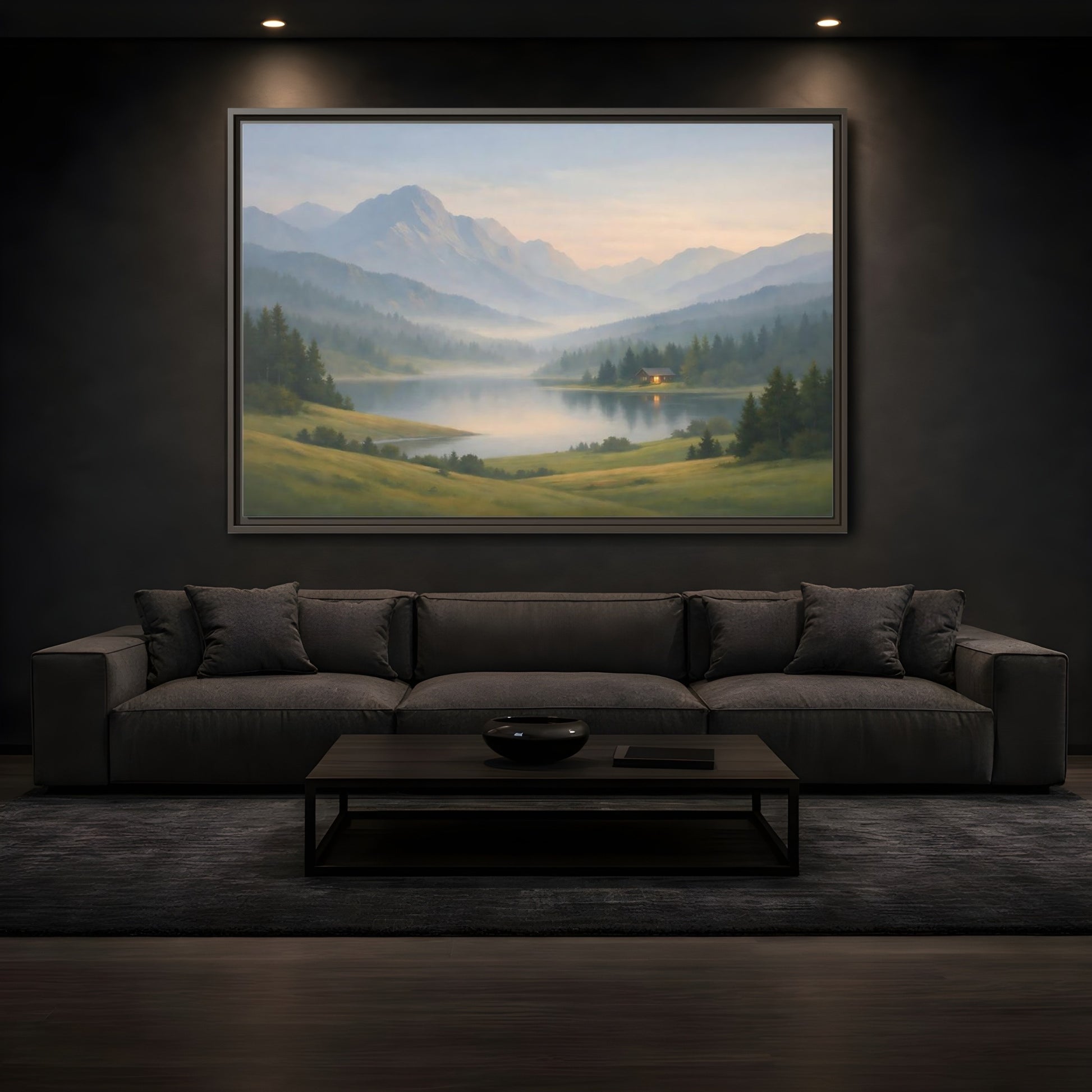 Mockup 3. Nature Mountain Lake Misty Mountain Lake shown as stretched canvas wall art