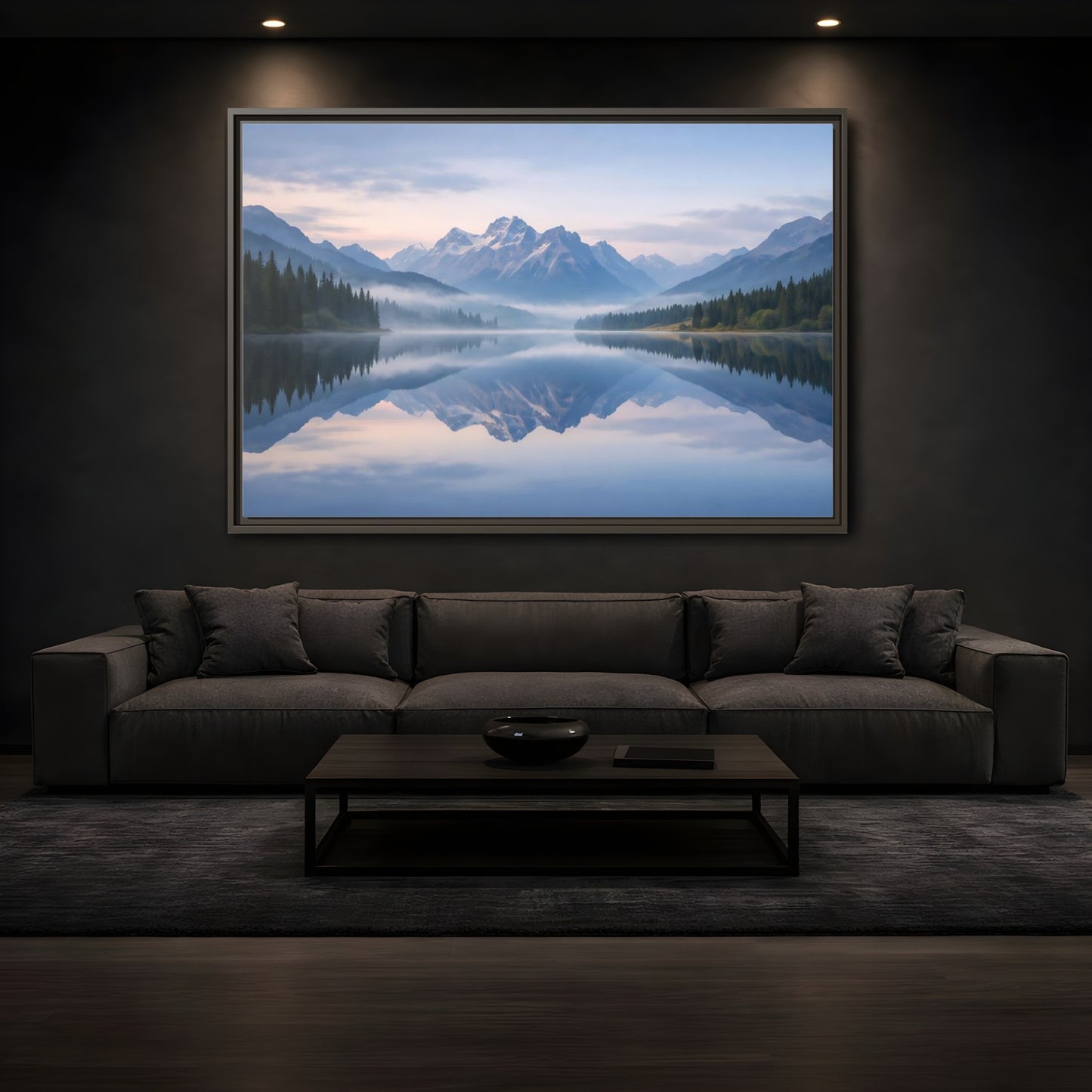 Mockup 3. Nature Mountain Lake Misty Mountain Lake shown as stretched canvas wall art