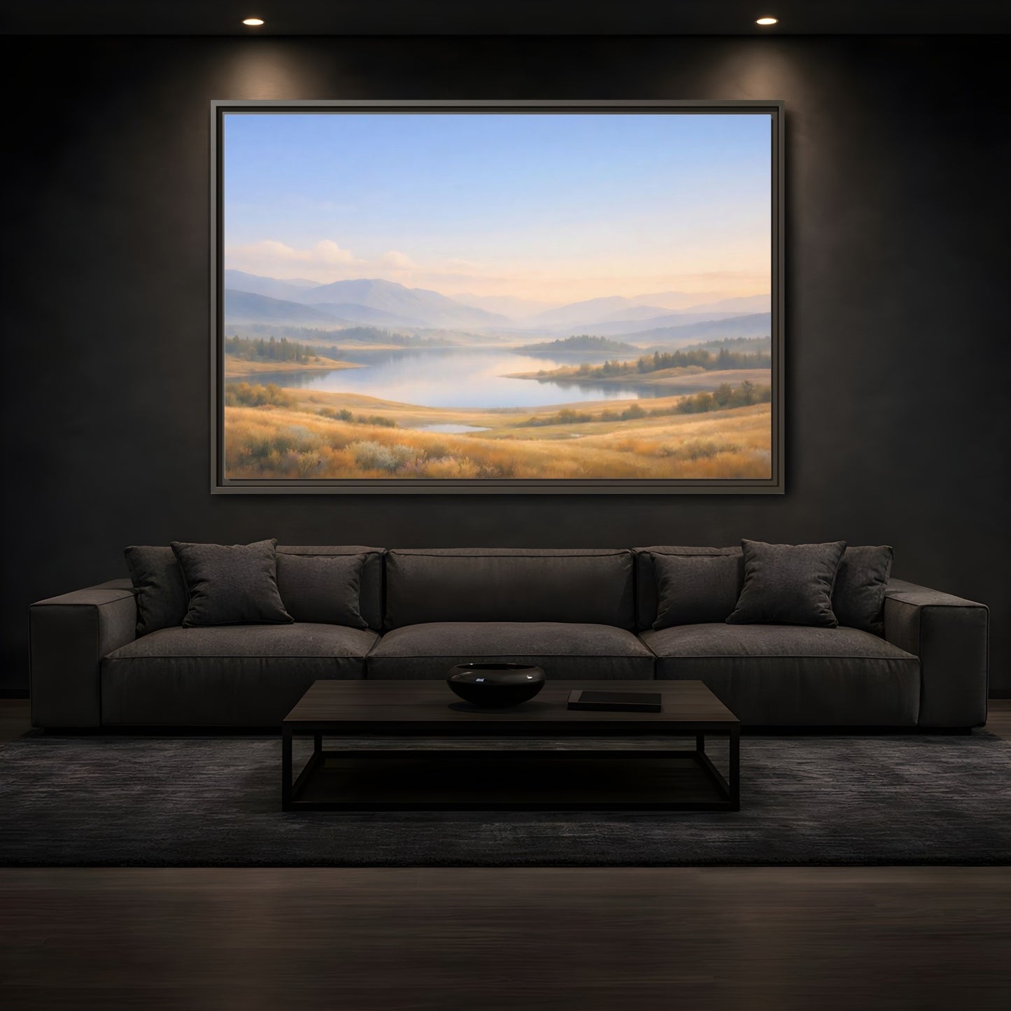 Mockup 3. Nature Mountain Lake Misty Mountain Lake shown as stretched canvas wall art