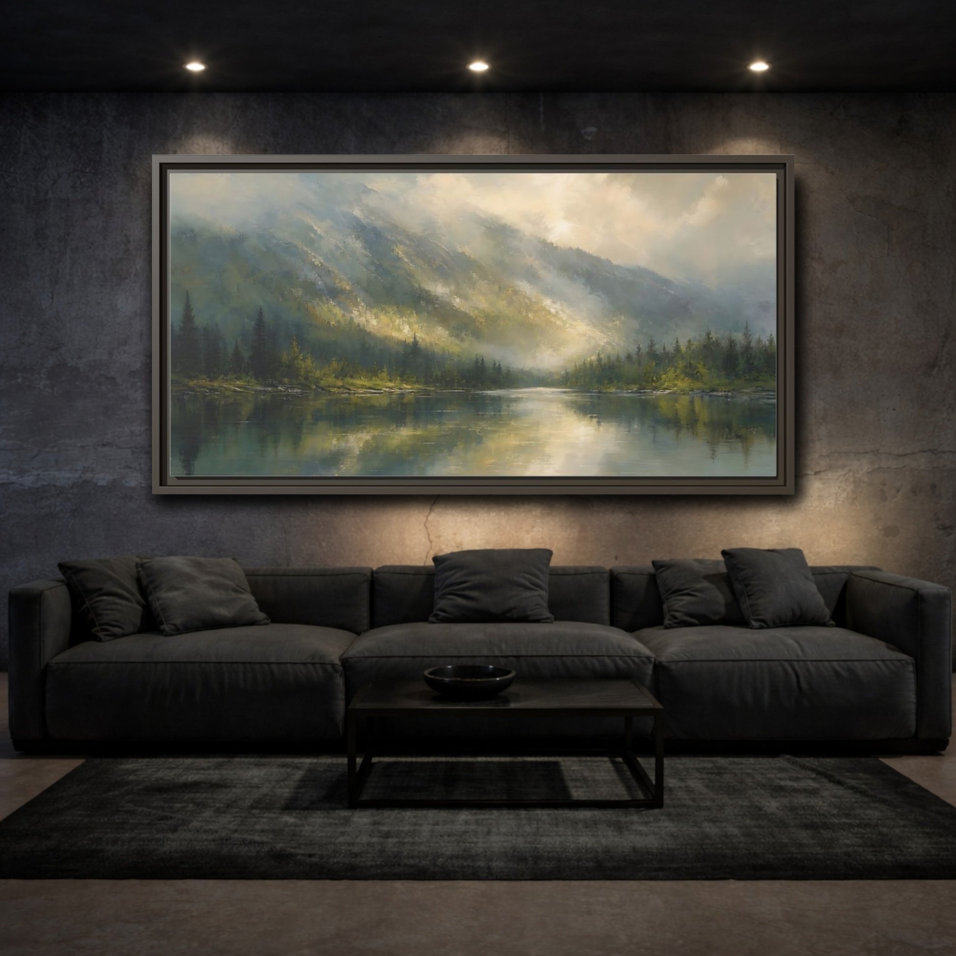Mockup 3. Nature Mountain Lake Misty Mountain Lake shown as stretched canvas wall art