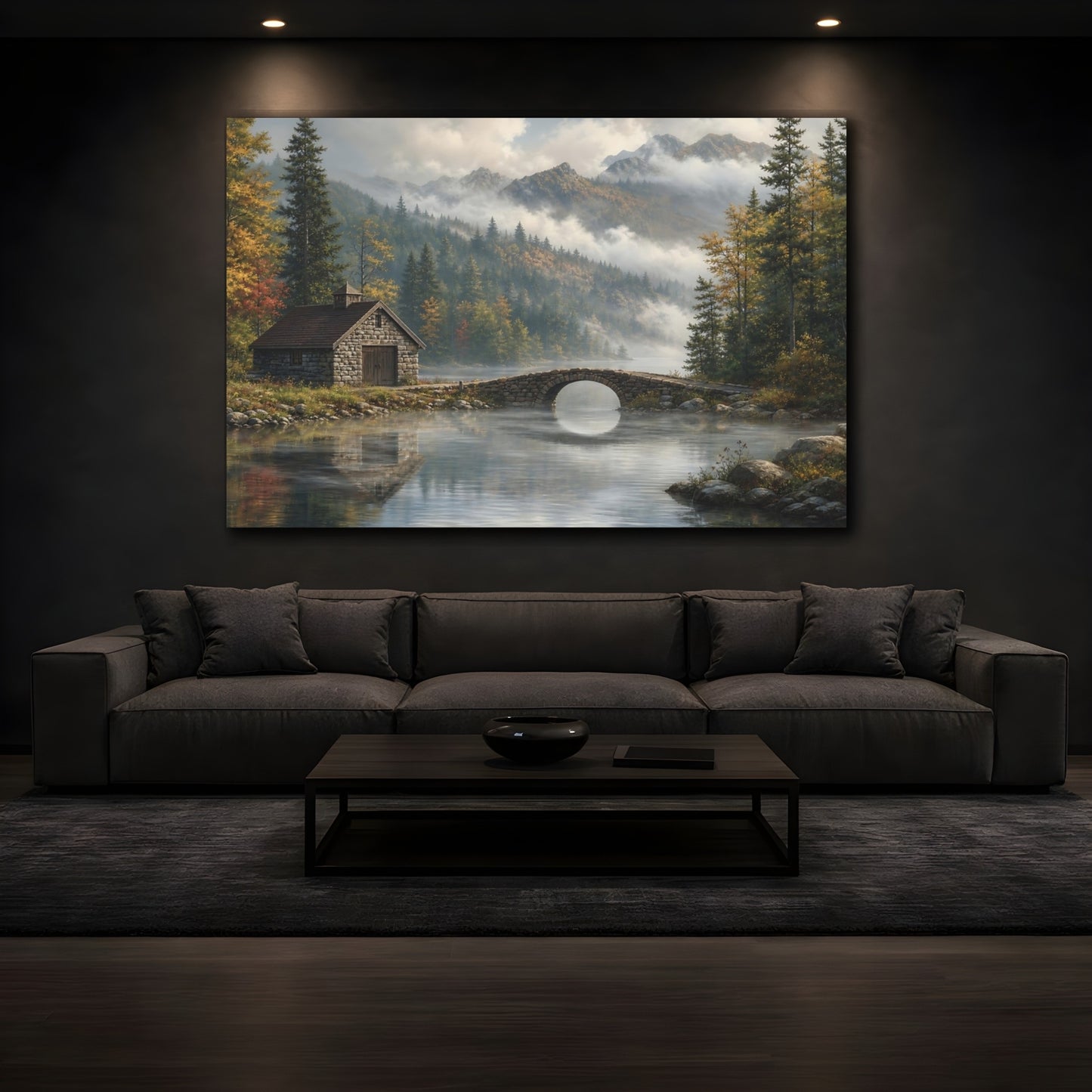 Mockup 3. Nature Mountain Lake Misty Mountain Lake shown as stretched canvas wall art