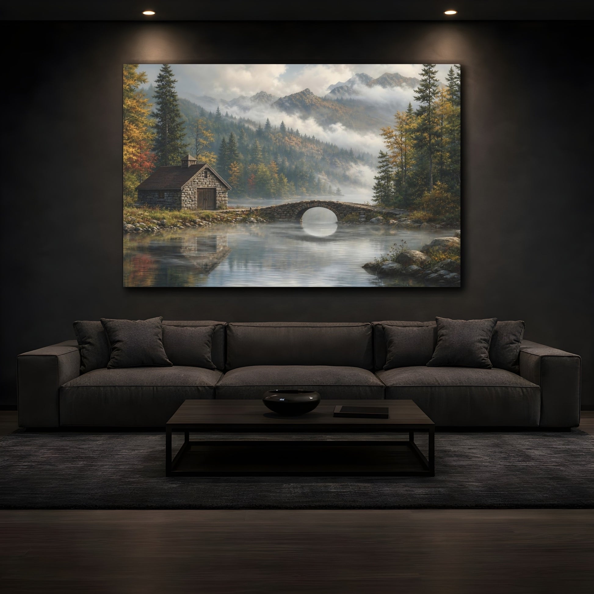 Mockup 3. Nature Mountain Lake Misty Mountain Lake shown as stretched canvas wall art