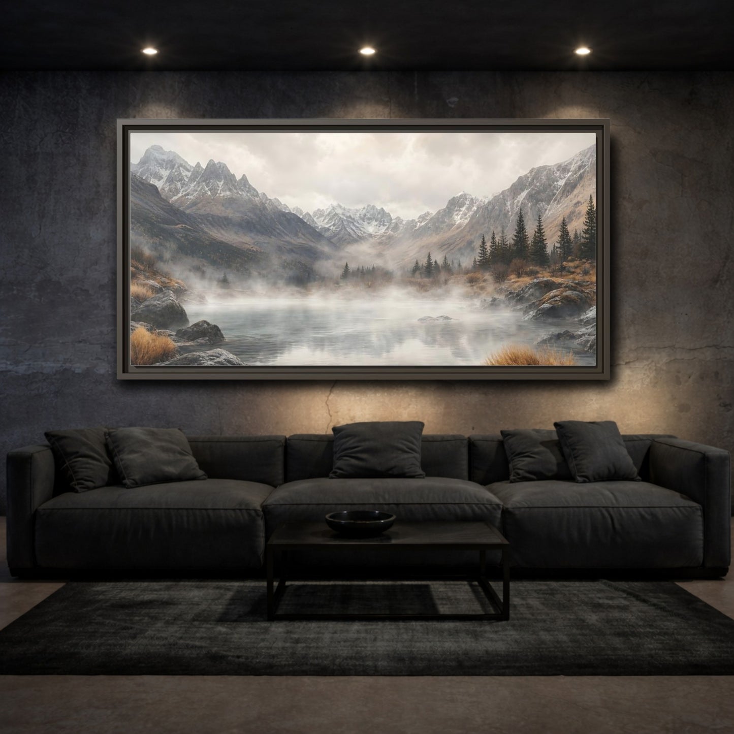 Mockup 3. Nature Mountain Lake Misty Mountain Lake shown as stretched canvas wall art