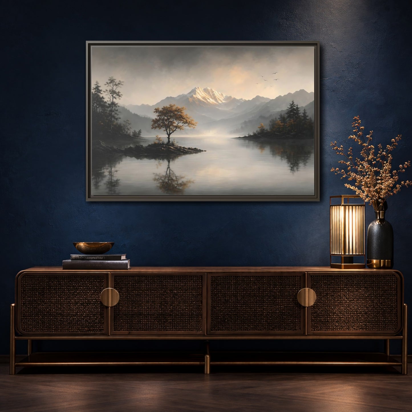 Mockup 4. Nature Mountain Lake Misty Mountain Lake shown as stretched canvas wall art