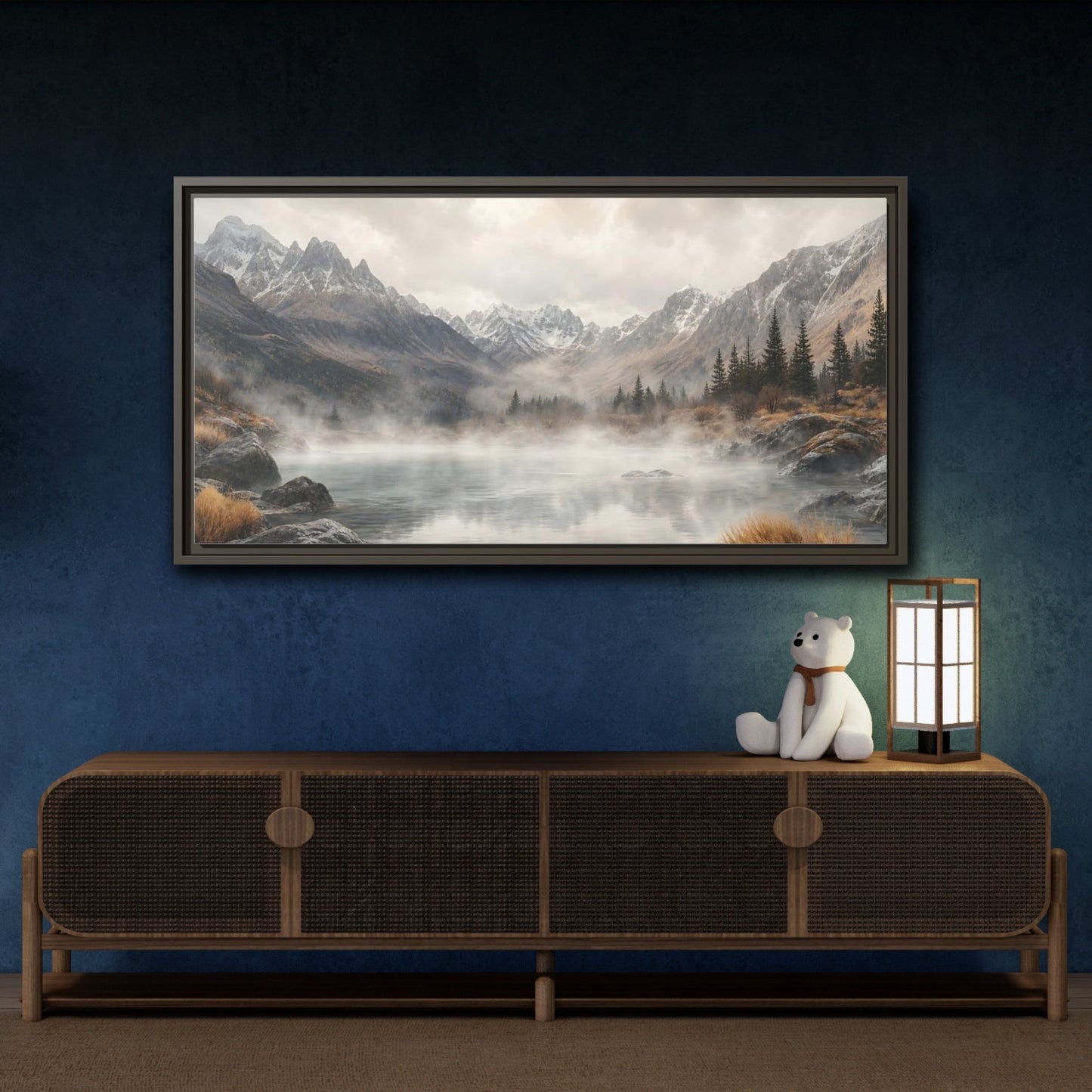 Mockup 4. Nature Mountain Lake Misty Mountain Lake shown as stretched canvas wall art